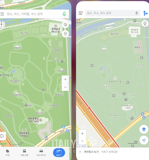 확실히 공원 지도만 놓고 봤을때 네이버 지도가 훨씬 직관적이고 더 많은 정보가 들어있다. 거기에 더 넒은 화면을 보여준다. (출처: 데일리팝)