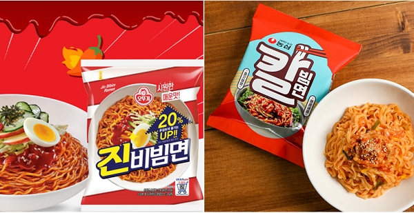 ​오뚜기 '진비빔면'(왼쪽)과 농심 '칼빔면'(사진=각 사)