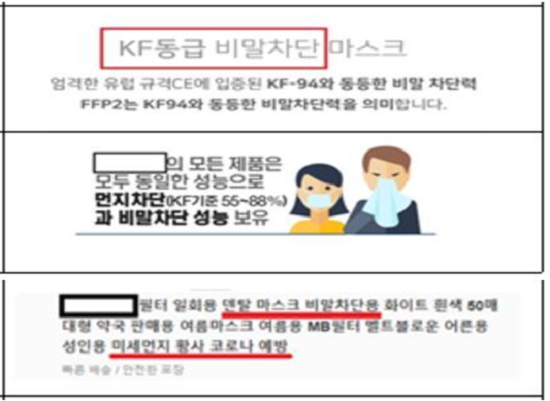 온라인 판매 마스크 과대 허위광고 예시(사진=식약처)