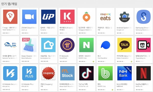 사진 = 구글플레이. 구글 플레이 스토어 인기 앱에 증권 앱이 다수 올라와 있음을 확인 할 수 있다.