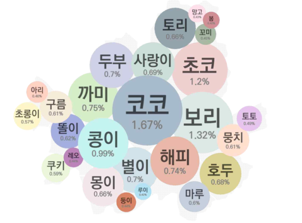 서울시 4개(동대문,마포,양천,송파구) 자치구 반려동물 이름 현황 (자료=서울디지털재단)