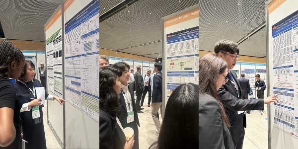 한미약품 R&D센터 곽은주 연구원(왼쪽부터), 박원기 연구원, 유형석 연구원이 국제 암 학술대회 ‘EORTC-NCI-AACR 2024’에서 차세대 항암 신약의 연구 결과 3건이 담긴 포스터 내용을 설명하고 있다(사진).